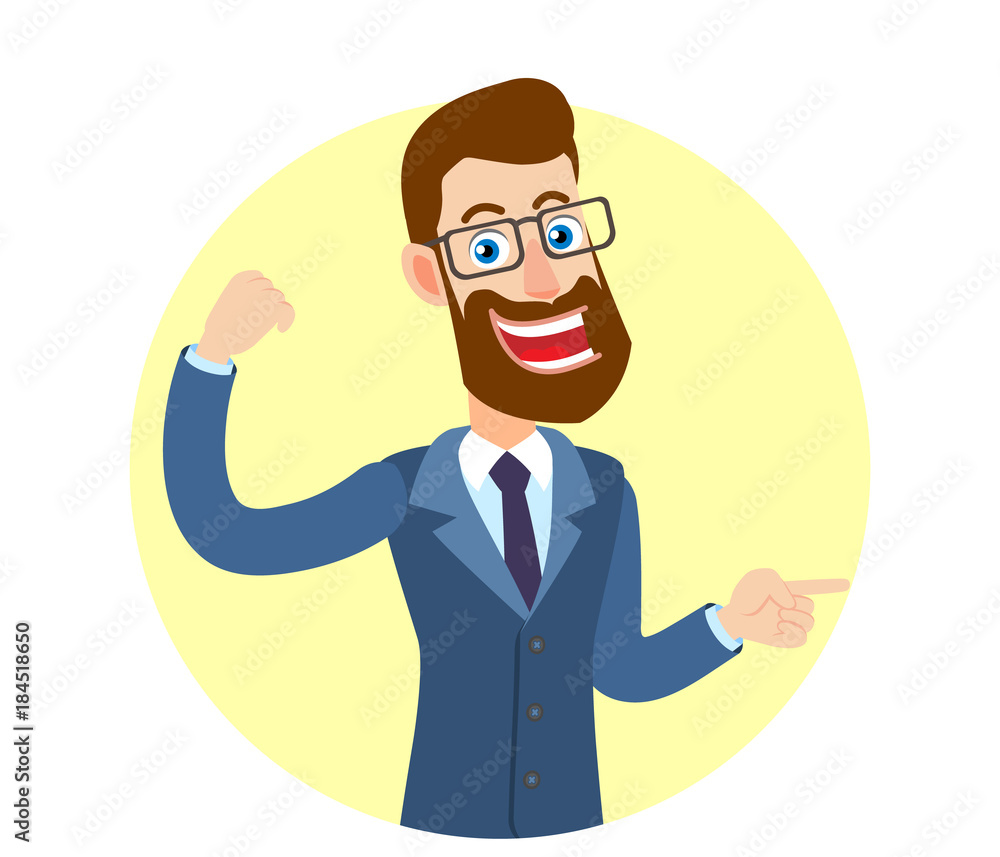 Hipster Businessman showing biceps and pointing something beside of him