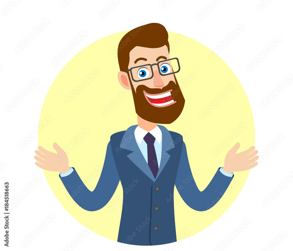 Hipster Businessman gesturing. Portrait of Cartoon Hipster Businessman Character. Vector illustration in a flat style.
