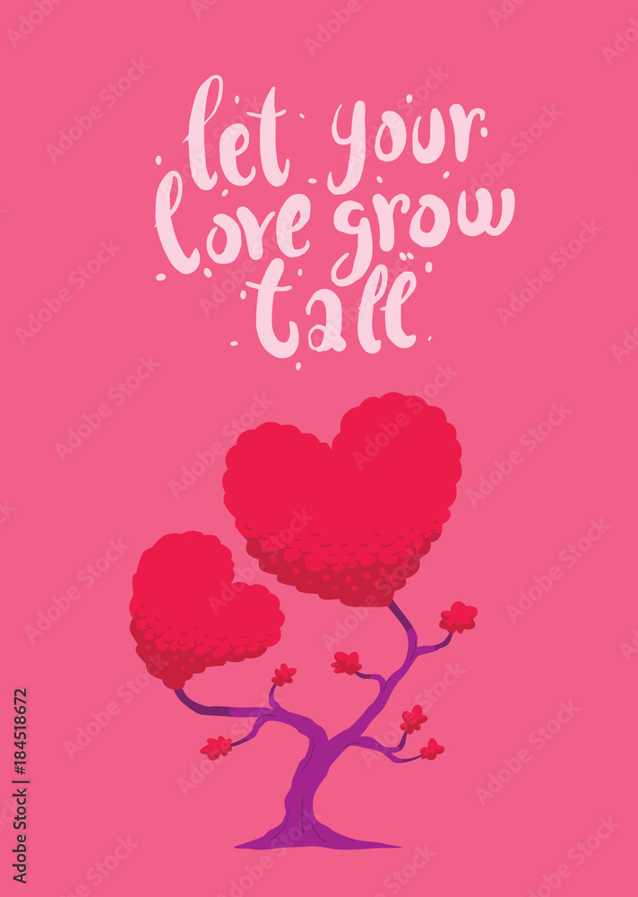 Vector image of pink card with a tree in the form of two hearts. Tree with bright pink foliage in the form of two hearts on a pink background. Inscription 