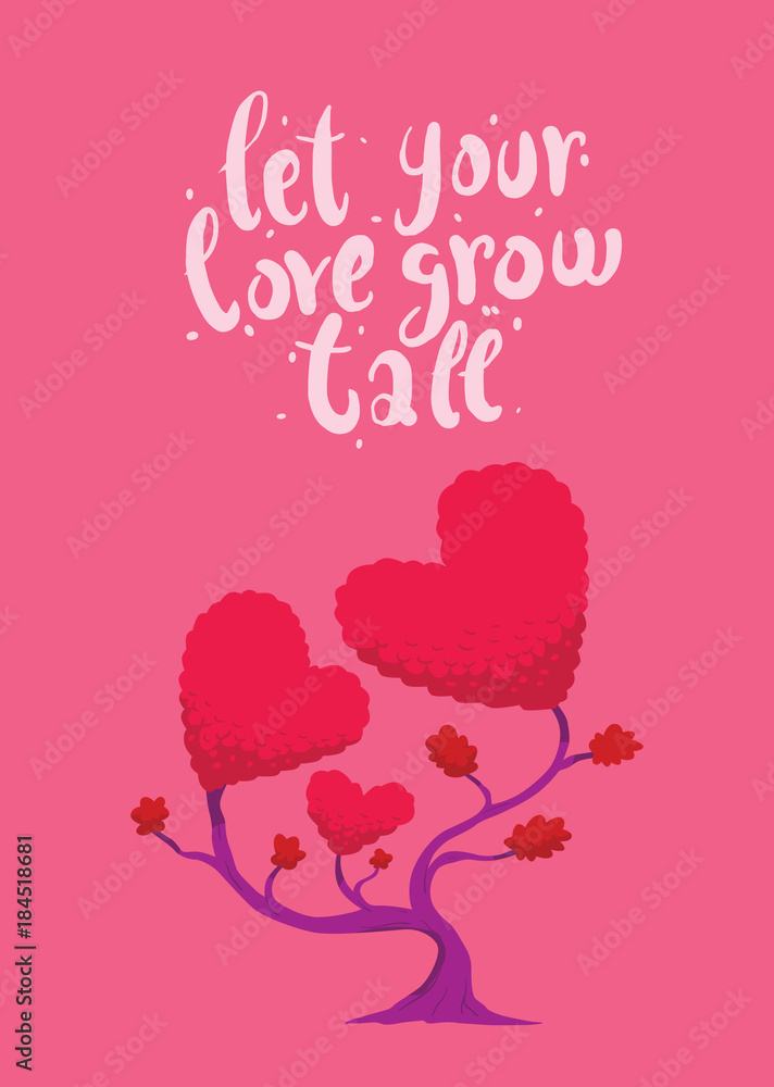 Vector image of pink card with a tree in the form of three hearts. Tree with bright pink foliage in the form of two big hearts and one little on pink background. Inscription 