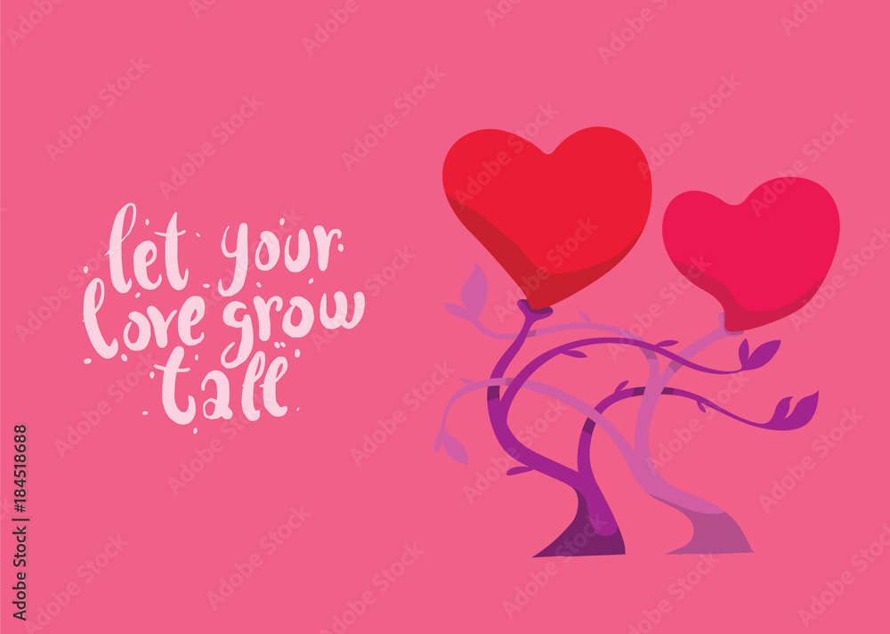 Vector image of pink card with two flowers in the form of hearts. Red flower buds in the form of hearts on stems with leaves on pink background. Inscription 