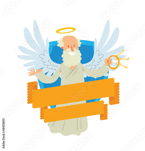 Vector image of emblem in the form of a blue shield and yellow banner. Emblem with cartoon old male angel with gray hair and beard, with keys. Angel in white chasuble, with gold halo over head. Peter.