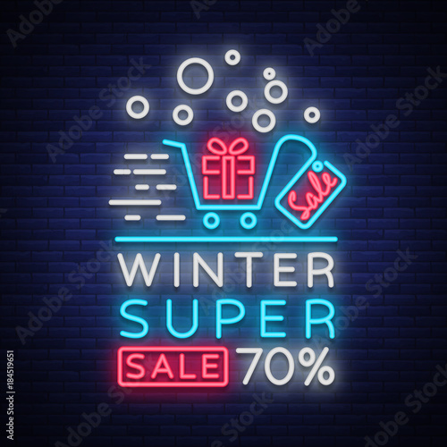 Winter sale vector. Neon sign, poster, bright flyer, neon sign. Bright night advertising of winter discounts. Card, banner, leaflet, brochure