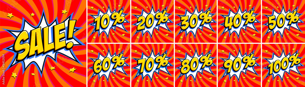 Big red sale set. Sale inscription and all percent numbers. Yellow and red colors. Pop-art comics style web banners, flash animation, stickers, tags. Big red sale set. Sale inscription and all percent numbers. Yellow and red colors. Pop-art comics style web banners, flash animation, stickers, tags.
