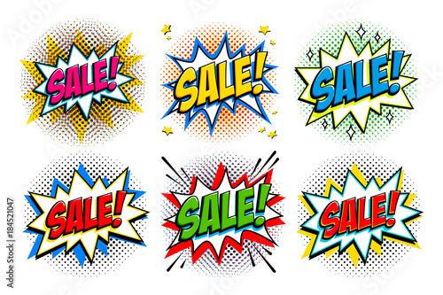 Black Friday sale set. Comic style template banners. 4 Sale inscriptions on black and red backgrounds. Pop-art comics style web banners, flash animation.