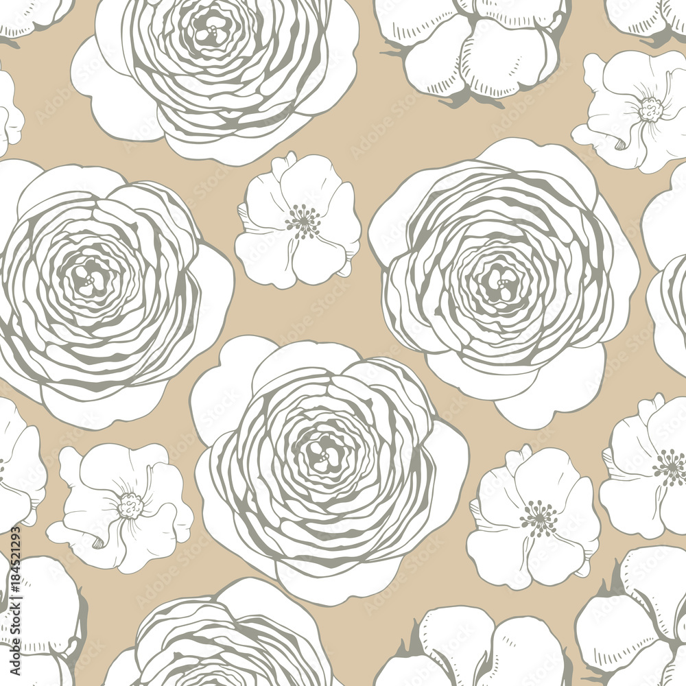 Vector seamless pattern with   flowers  and cotton balls
