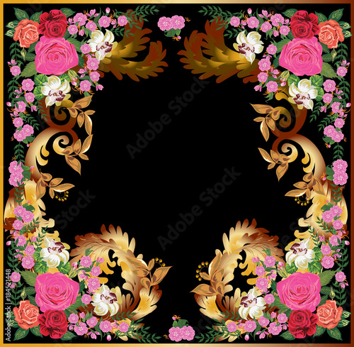 rose floral square frame decoration with brown curls