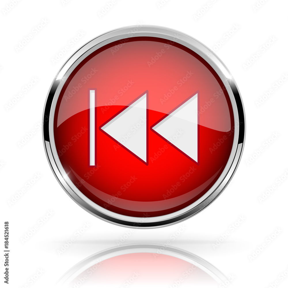 Red round media button. REWIND button. Shiny icon with chrome frame and with reflection Red round media button. REWIND button. Shiny icon with chrome frame and with reflection