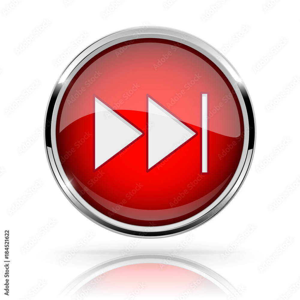 Red round media button. FAST FORWARD button. Shiny icon with chrome frame and with reflection Red round media button. FAST FORWARD button. Shiny icon with chrome frame and with reflection