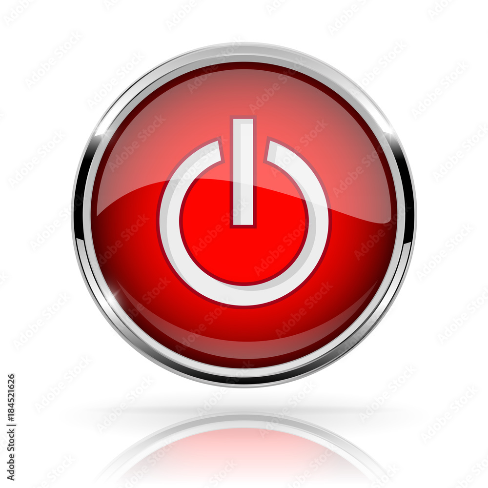 Red round media button. POWER button. Shiny icon with chrome frame and with reflection Red round media button. POWER button. Shiny icon with chrome frame and with reflection