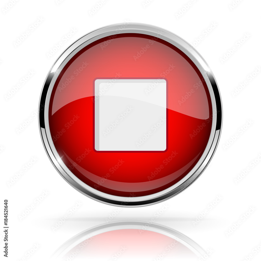 Red round media button. STOP button. Shiny icon with chrome frame and with reflection Red round media button. STOP button. Shiny icon with chrome frame and with reflection