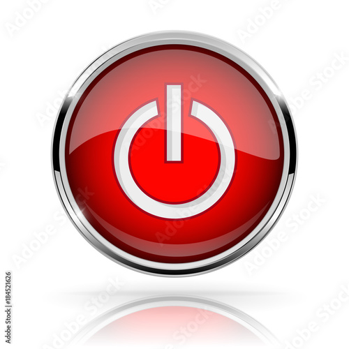 Red round media button. POWER button. Shiny icon with chrome frame and with reflection