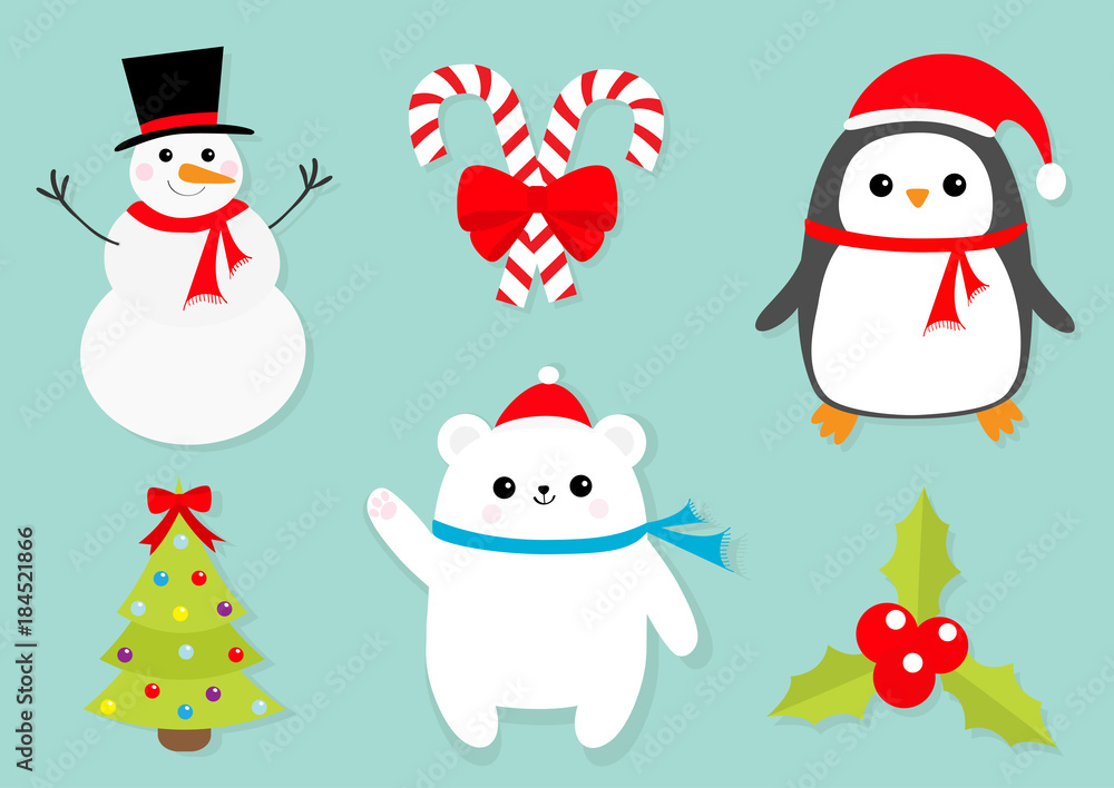 Merry Christmas icon set. Snowman Candy Cane stick red bow. Penguin bird, white polar bear cub wearing Santa Claus hat, scarf. Holly berry Mistletoe. Flat design. Fir-tree Blue background