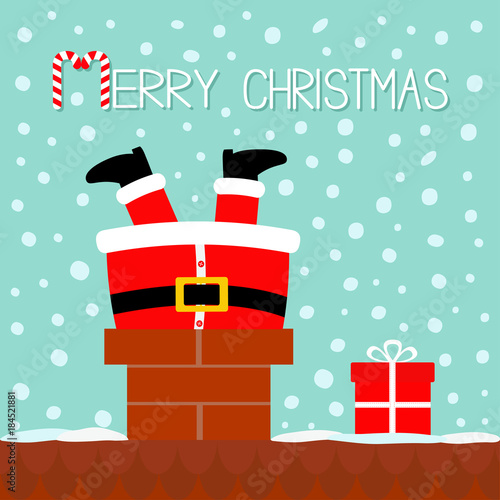 Santa Claus stuck in the chimney on the roof. Gift box. Red hat, costume, beard, belt buckle. Merry Christmas. Candy cane. Cute cartoon kawaii funny character. Blue snow background Greeting card