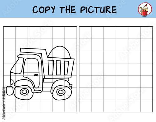 Car. Tipper truck. Copy the picture. Coloring book. Educational game for children. Cartoon vector illustration