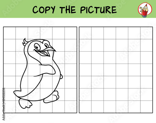 Funny penguin. Copy the picture. Coloring book. Educational game for children. Cartoon vector illustration