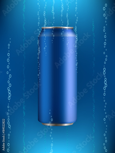 blue Aluminum can with drink in liquid with bubbles of gas on background with backlight