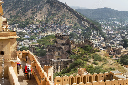 Aerial view of Amer and surroundings from Amber Fort, Jaipur, Rajasthan, India