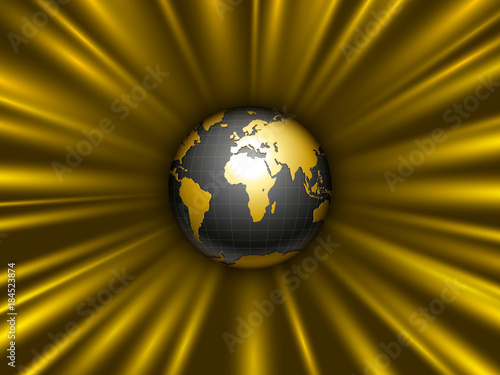 black, gold earth globe tearing away gravitational space