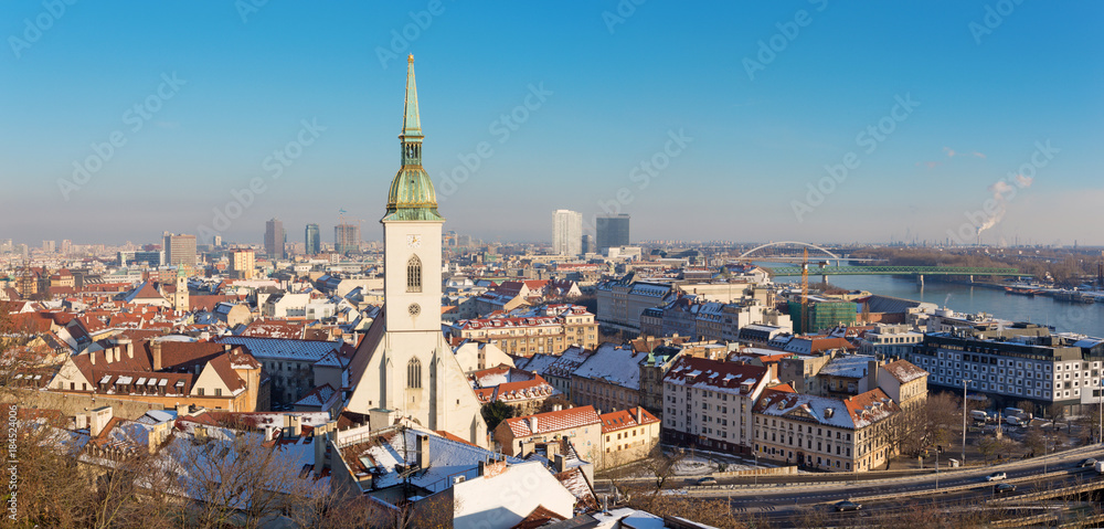 Bratislava - Panoramic skyline of the City from the Castle with the St. Martins cathedral.