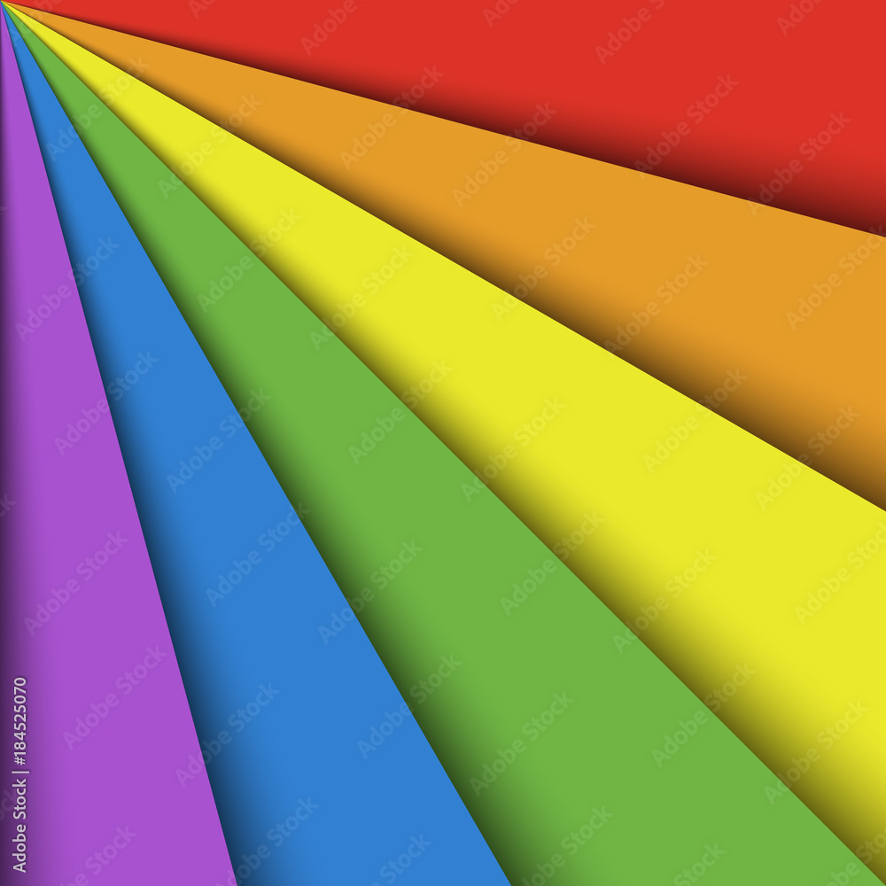 Overlapping colorful paper sheets in colors of rainbow spectrum arranged in a fan. With shadow effect. Happy abstract vector background wallpaper.