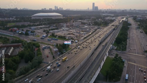 sunset sky moscow traffic ring luzniki stadium aerial panorama 4k russia
