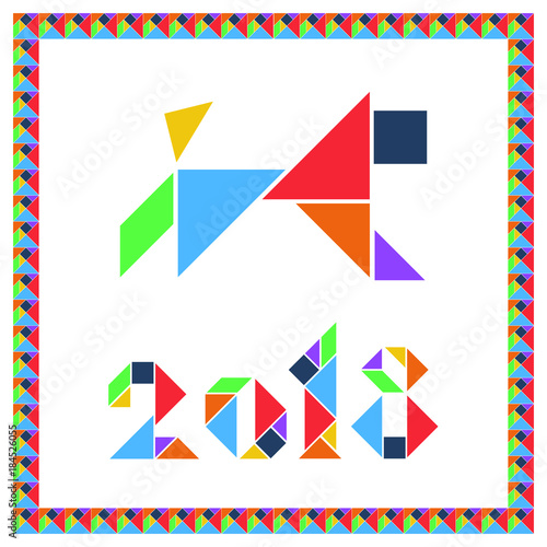 Fototapeta Naklejka Na Ścianę i Meble -  Tangram brain game Happy New Year 2018 with dog posrcard flat UI color isolated on white background vector illustration