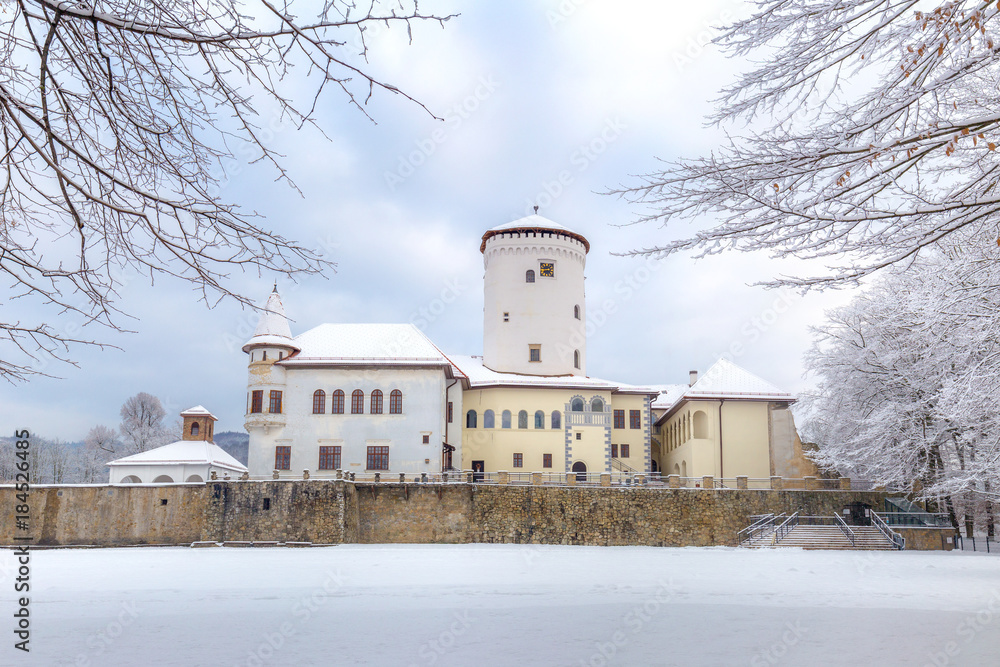 Medieval castle Budatin nearby Zilina town in winter, central Europe, Slovakia.