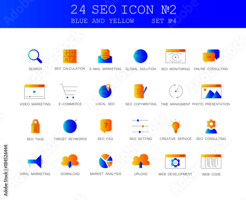 Blue and yellow Line icons set. SEO pack. Vector illustration.