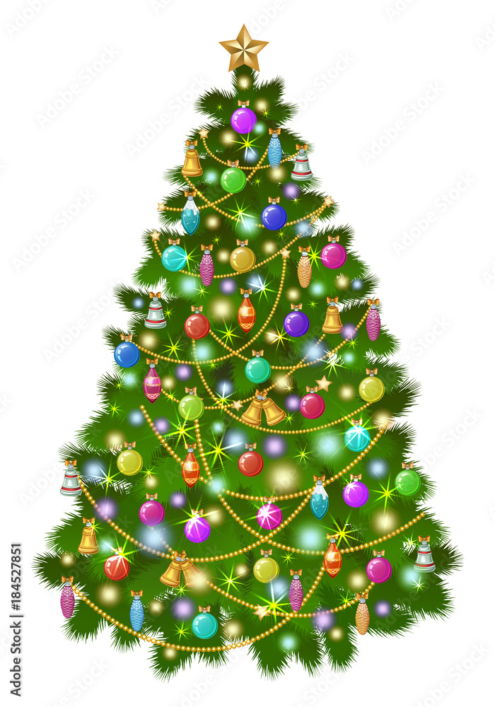Big Christmas tree with colorful balls, toys and decorations. Christmas  lights. Vector illustration, eps 10. Stock Vector | Adobe Stock