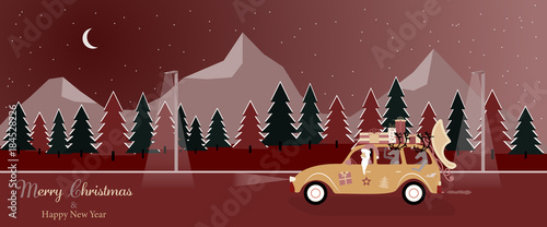 Christmas time. Santa Claus in car with gifts on the roof in winter landscape. Text : Merry Christmas & Happy New Year