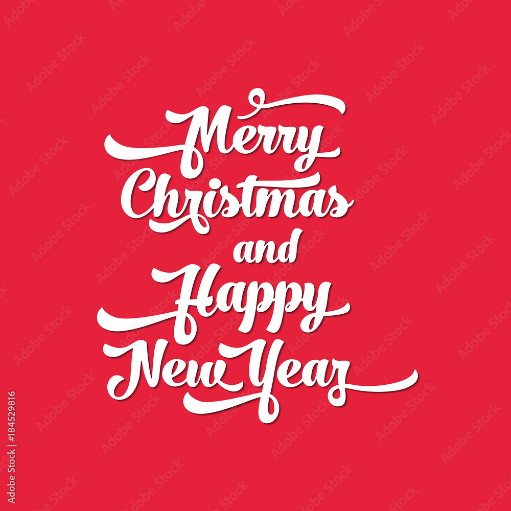 White text on a red background. Merry Christmas and Happy New Year lettering for invitation and greeting card, prints and posters. Calligraphic design White text on a red background. Merry Christmas and Happy New Year lettering for invitation and greeting card, prints and posters. Calligraphic design