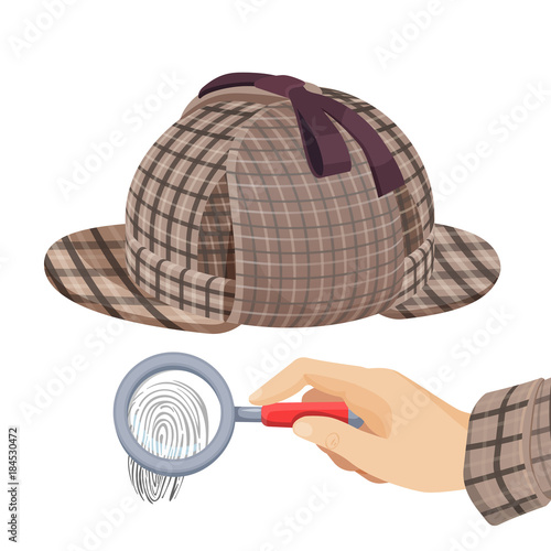 Vintage detective checkered hat and fingerprint under magnifier