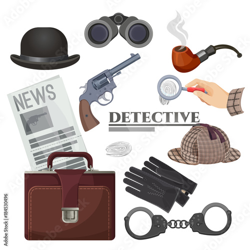 Professional retro detective accessories big isolated cartoon illustrations set