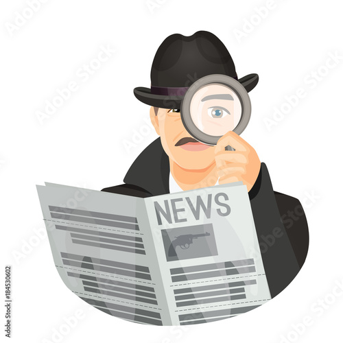 Detective in hat with mustaches holds newspaper and magnifier