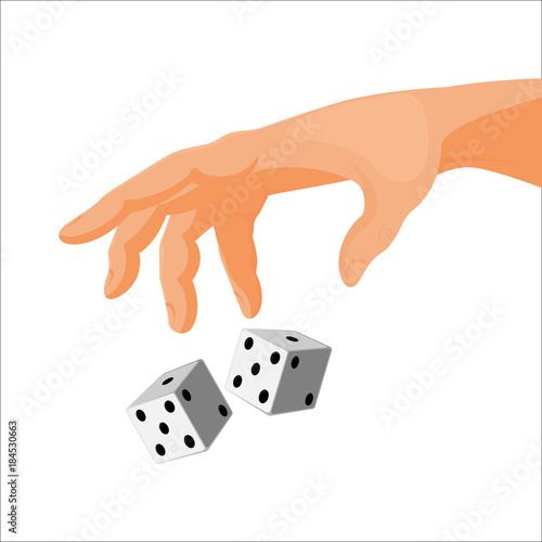 Human hand throws black and white dice isolated illustration