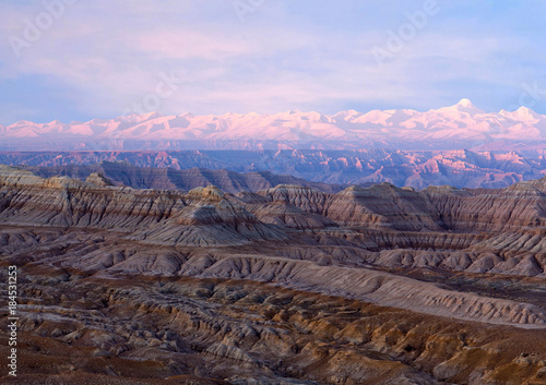 Panorama of Earth Forest Geopark at sunset in Zhada County, Tibet, China