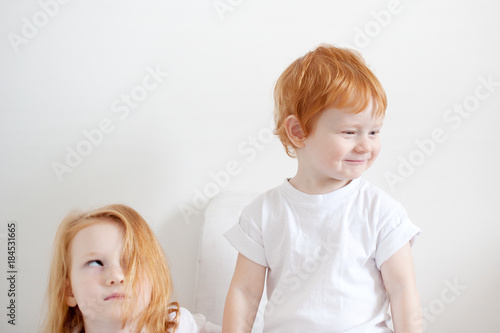 Red-haired brother and sister on the white background