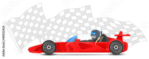 Red race car side view, formula 1 (one), on sports finish flag background. Bolides sport. Vector illustration. 