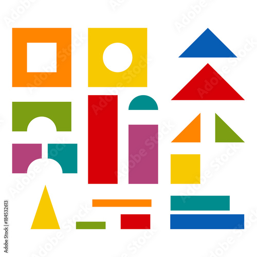 Bright colorful wooden blocks toy details. Bricks pieces for building childrens tower, castle, house. Vector flat style illustration isolated on white background.