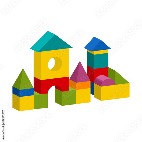Bright colorful wooden blocks toy. Bricks childrens building tower, castle, house. Vector volume style illustration isolated on white background.