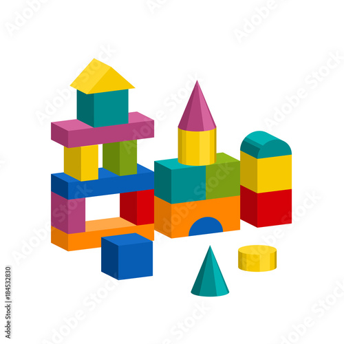 Bright colorful wooden blocks toy. Bricks childrens building tower, castle, house. Vector volume style illustration isolated on white background.