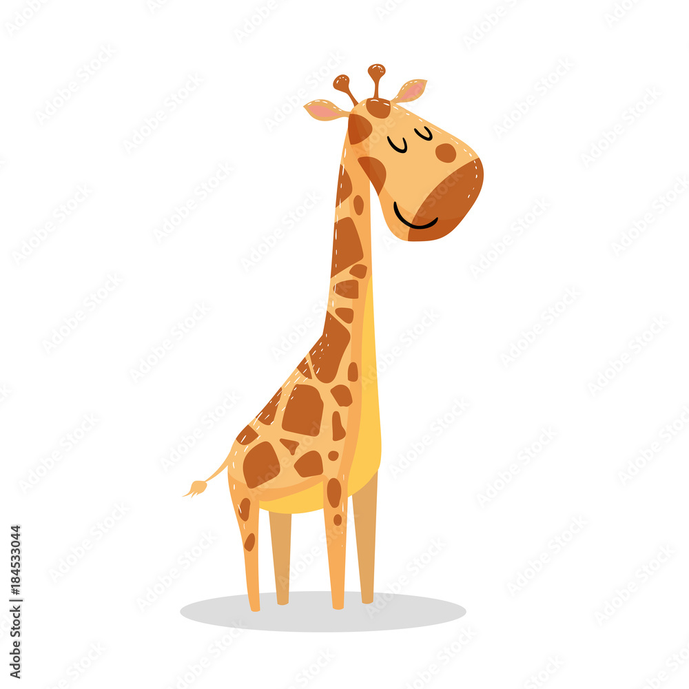 Fototapeta premium Kreskówka modny design mała żyrafa z zamkniętymi oczami. Ikona ilustracja wektora dzikich zwierząt afrykańskich.
