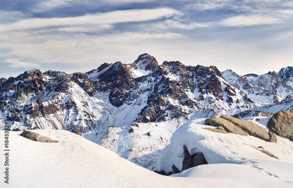 Panorama of snowy mountains of Kazakhstan