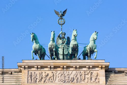 Berlin - The scupture of  Quadriga (goddess Eirene) on the top of Brandenburg gate by Johann Gottfried Schadow (1764 - 1850).