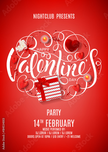 Flyer for Happy Valentine's Day Party. Top view on gift box, lollipop and case for ring on Red Background. Invitation to nightclub. Vector illustration with candles, confetti and serpentine.