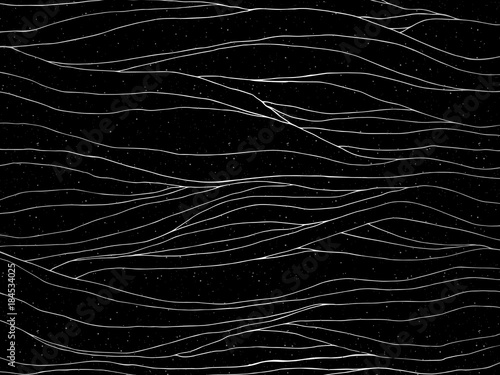 Abstract hand drawn wavy pattern, black background and silver stripes. Vector illustration.