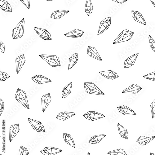 Seamless pattern. Black and white crystals gems line art. Vector background.
