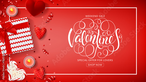 Valentine's Day Sale Web Banner. Top view on composition with lollipop, gift box, case for ring, candles and confetti. Vector illustration with Lettering. Seasonal Discount Offer.