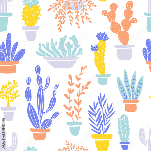 Succulents and cacti plants. Vector seamless pattern with  home garden cartoon cactus. Fabric design.